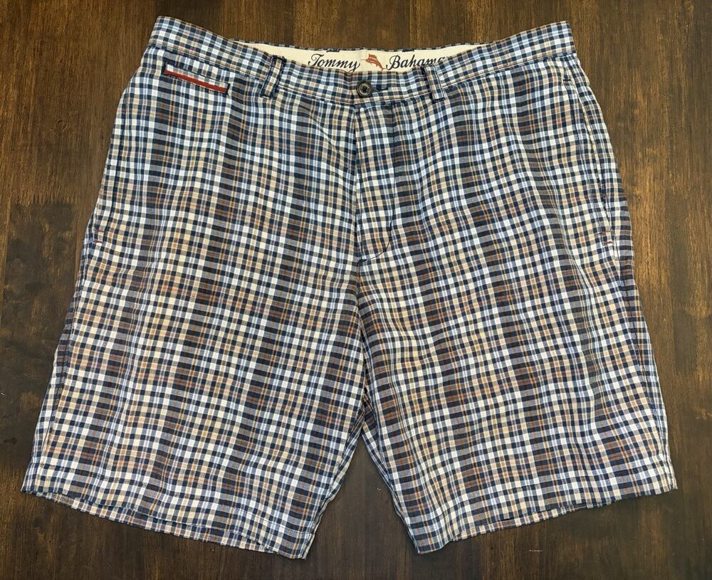 T-89 Tommy Bahama Mens Casual Golf Shorts Size 35 Plaid Multicolor Linen Tencel